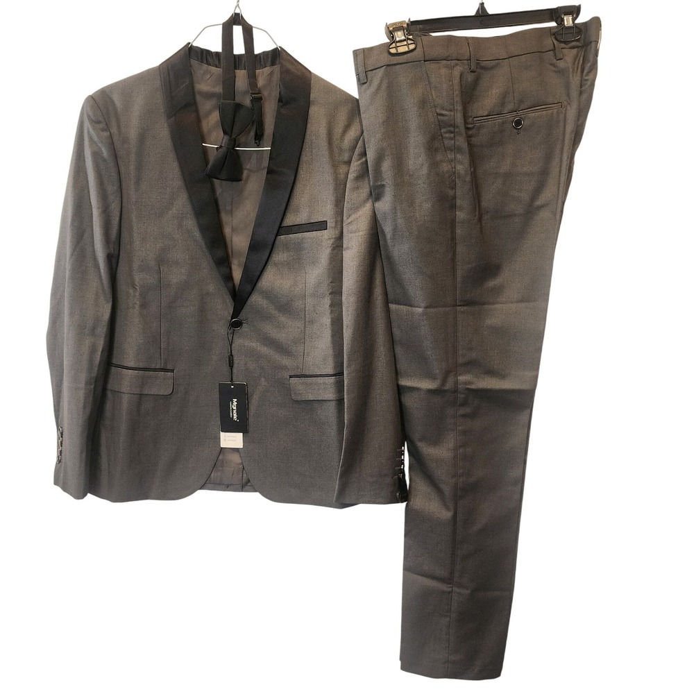 Mgnale Men's Grey Shawl Collar Tuxedo Suit with Bow Tie Size S